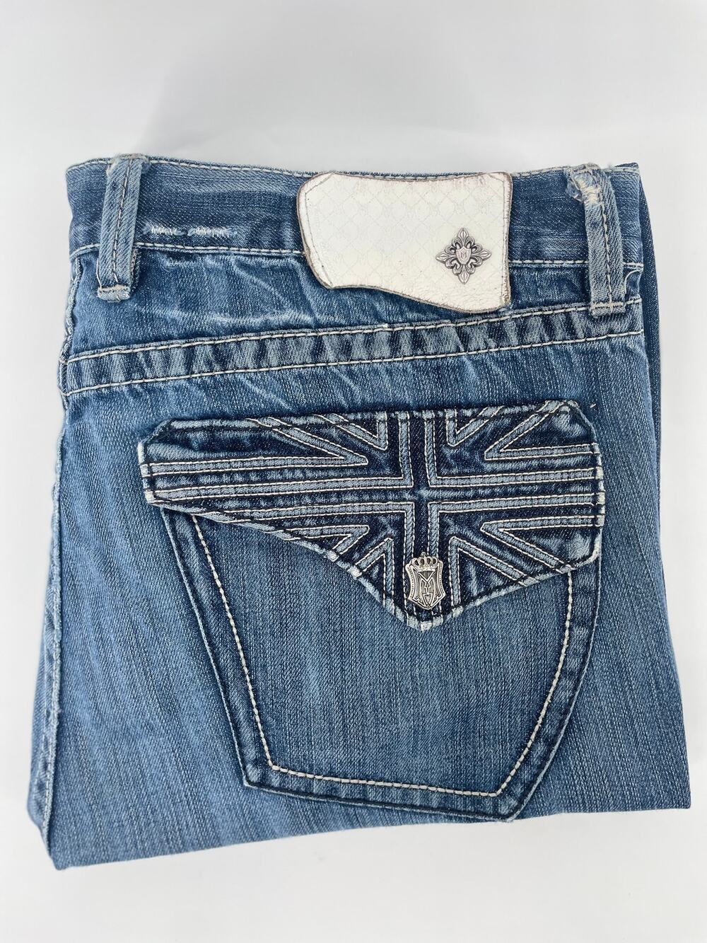 Monarchy Jeans Men’s 38x34 Medium Wash Distressed Union Jack British Rock Y2K